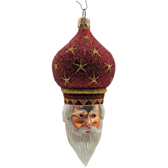 Patricia Breen Nuit Noel Red Large Stars Santa Head Gold Christmas Ornament - Picture 1 of 10